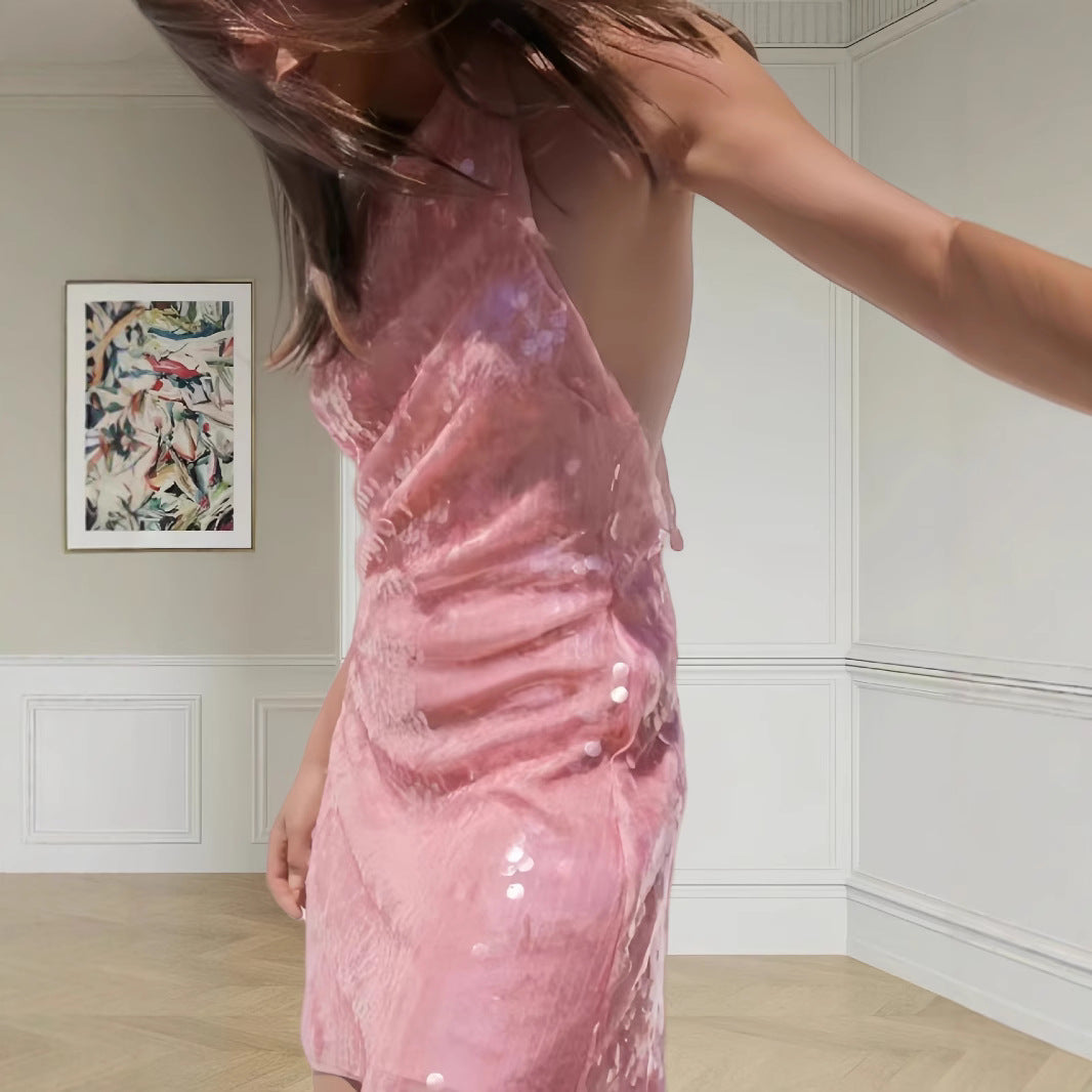 Beaded Halter Backless Dress