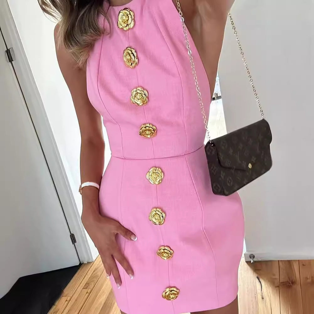 Backless Sleeveless Rose Button Dress
