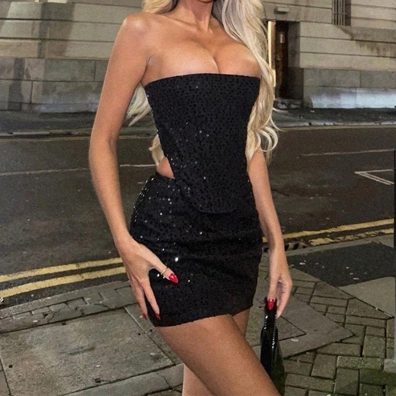 Y2K Denim Sequin Skirt Set