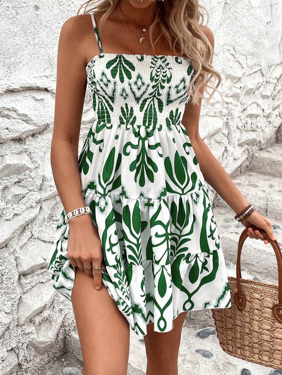 Plant Print Gathered Cami Dress
