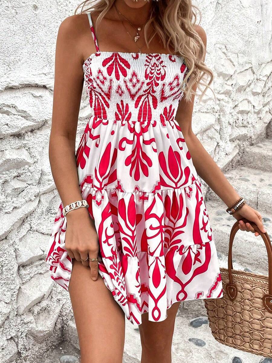 Plant Print Gathered Cami Dress