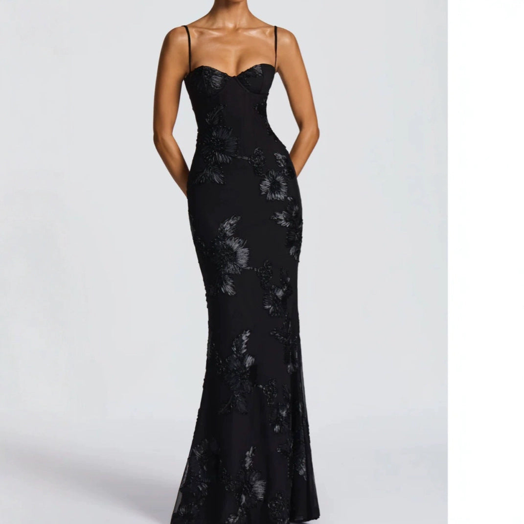 Flower-Decorated Evening Dress