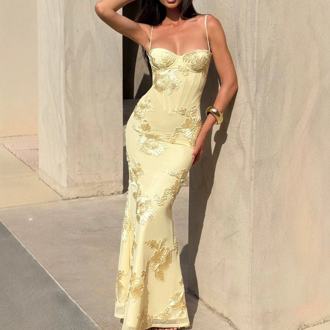 Flower-Decorated Evening Dress