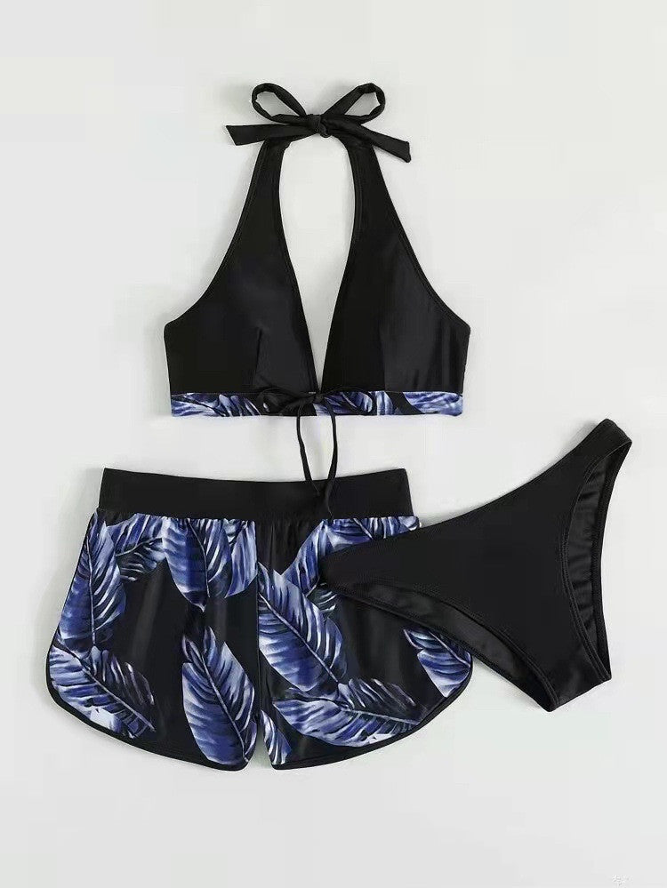 3pcs Leaf Print Bikini with Shorts