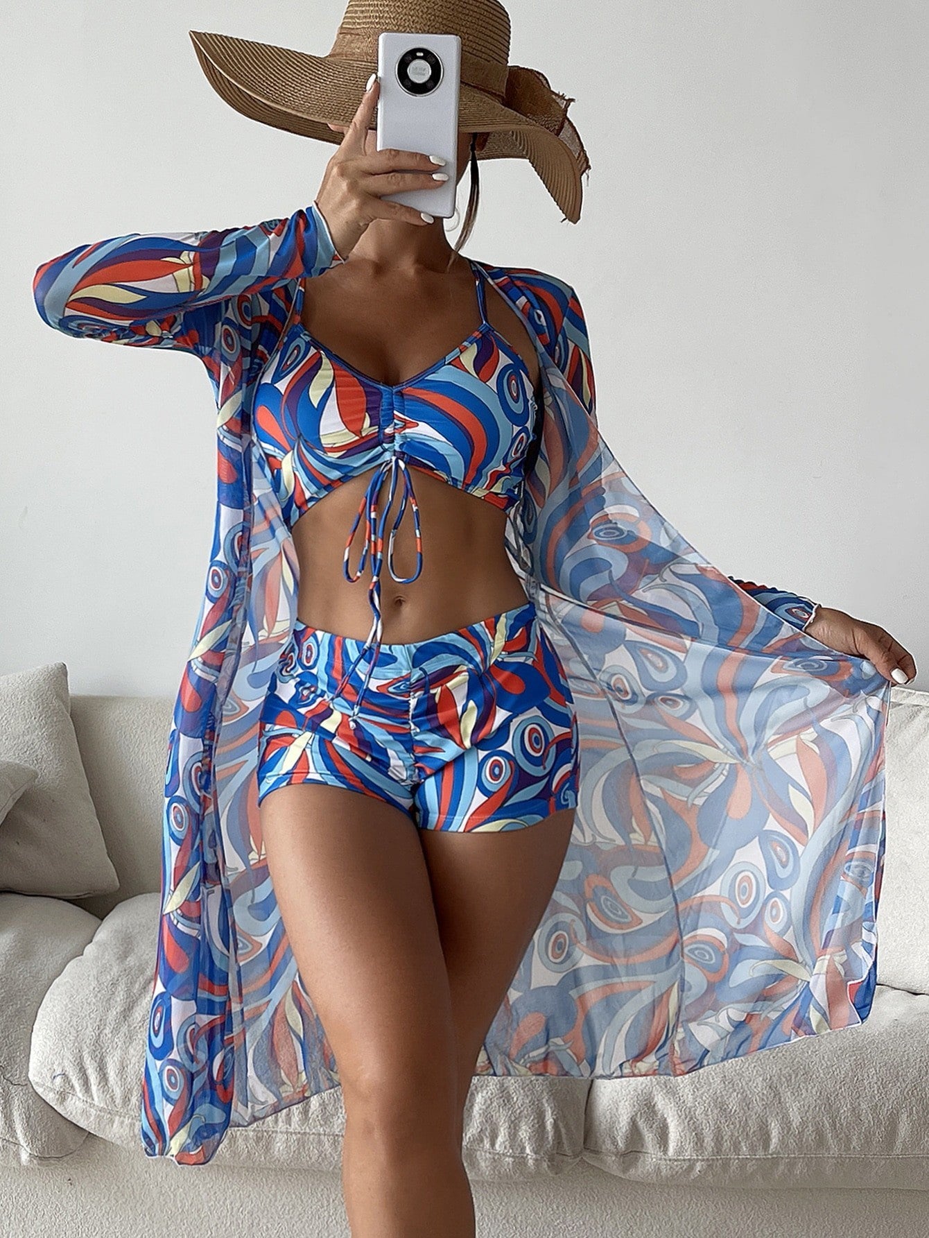 3pcs Printed Bikini with Cardigan