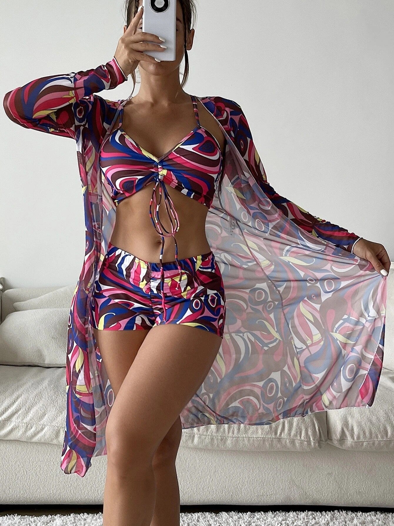 3pcs Printed Bikini with Cardigan