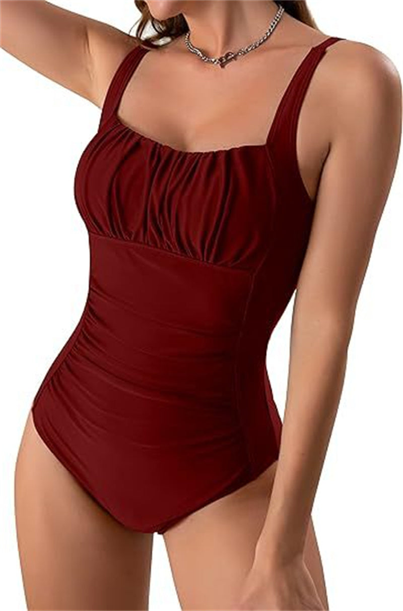 Square Neck Pleated One-Piece Swimsuit
