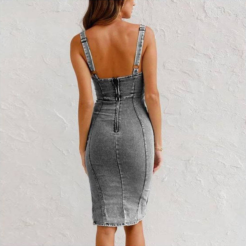 U-Neck Slim Fit Denim Dress with Slit