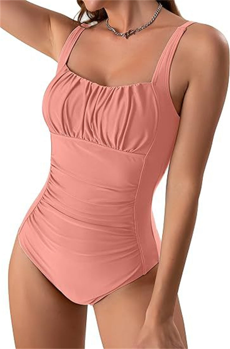 Square Neck Pleated One-Piece Swimsuit