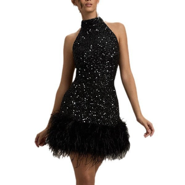 Sleeveless Slim Shiny Plush Dress