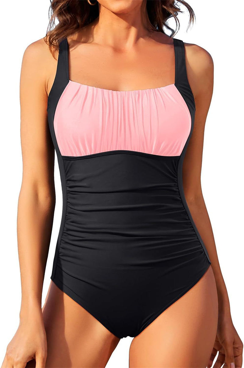 Square Neck Pleated One-Piece Swimsuit