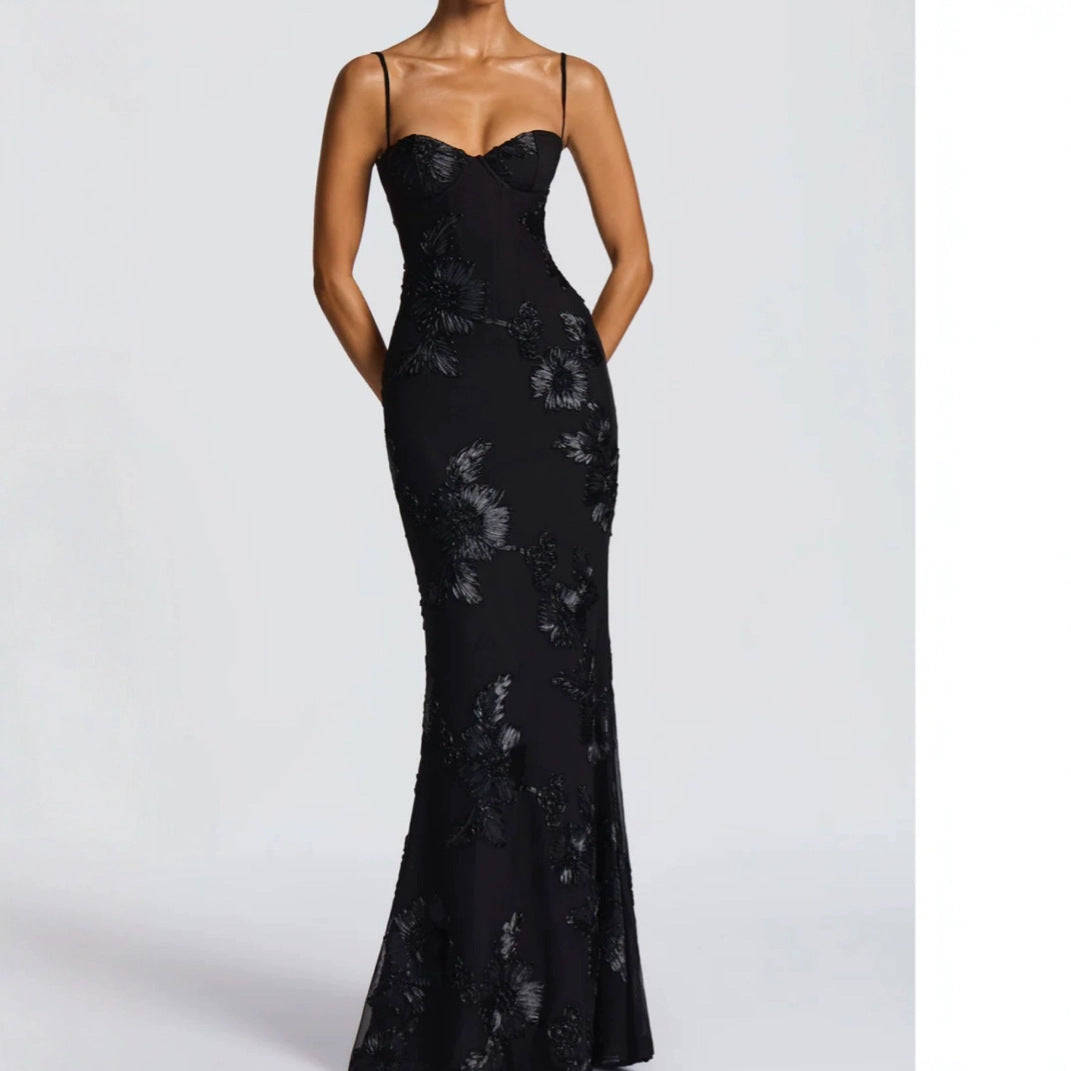 Flower-Decorated Evening Dress