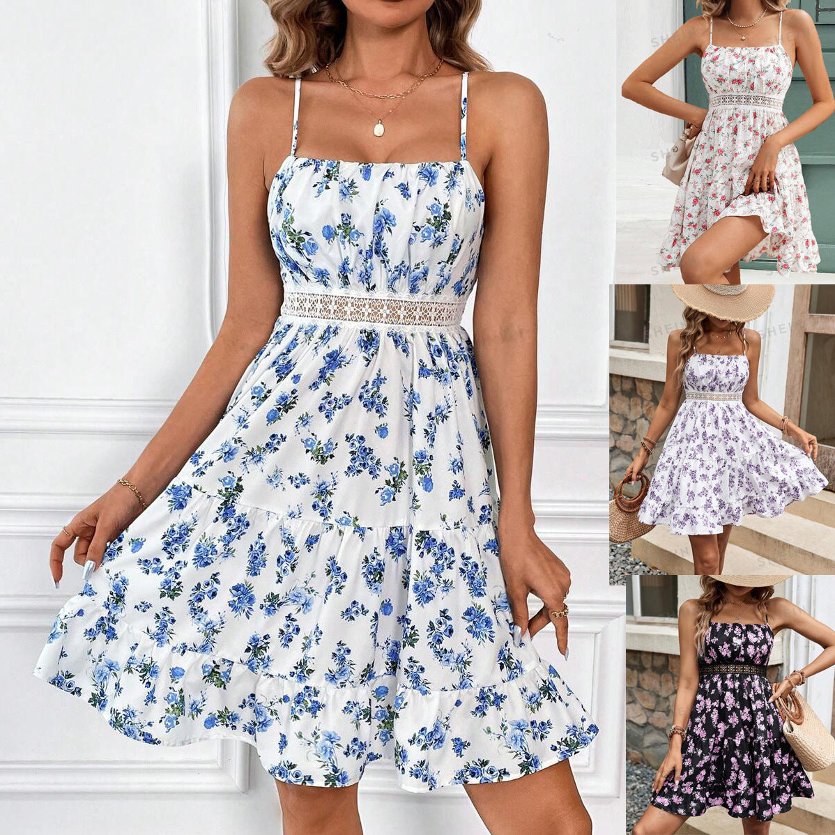 Strap Floral Print Short Dress