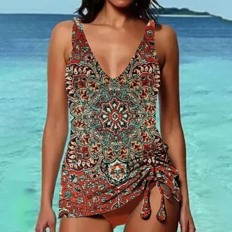 Bikini Beach Print Suspender Swimsuit