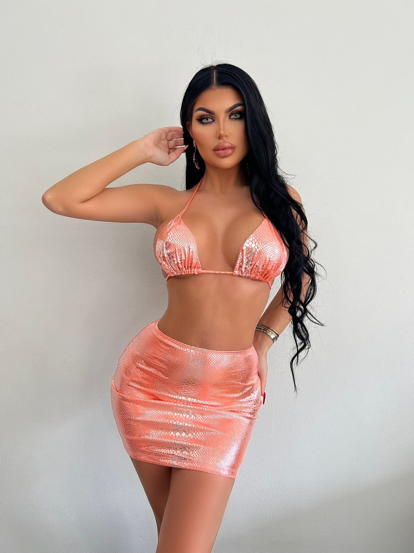 Snake Print 3-Piece Bikini Set with Cover-Up